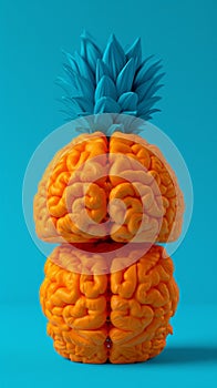 Two orange and blue brains with a pineapple in the middle, AI