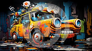 Two orange and colorful dismantled car with big wheels