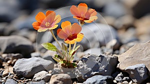 two orange flowers growing out of a rocky ground