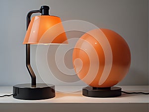 Two orange lamps on top of white table