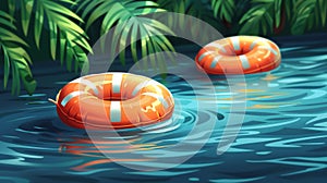 Two orange life preservers floating in a river near palm trees, AI photo