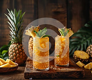 two orange pineapple cocktails on a wooden board