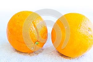 Two orange on snow background. Ripe fruits