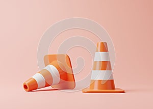 Two Orange traffic cones with white stripes on pink background