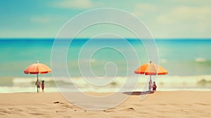 Two orange umbrellas on the beach, AI