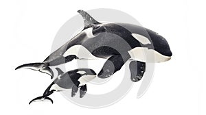 Two orcas, adult and calf, swimming together, isolated on a white background photo