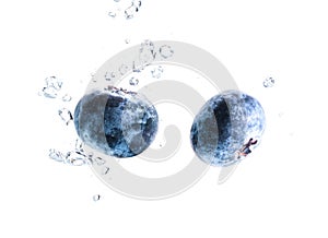 Two organic Blueberry sinking into water with air bubbles white background. Macro detailed closeup