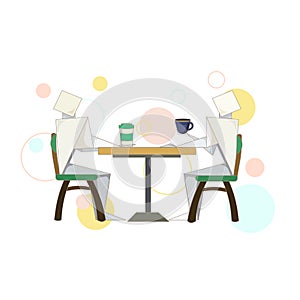 Two origami persons are drinking coffee with a table, chairs and rounds on white isolated background, vector illustration for