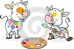 Two original cows painted spots on their body - funny vector