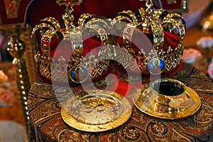 Two Orthodox Wedding Ceremonial Crowns Ready for Ceremony