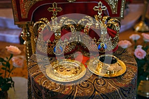 Two Orthodox Wedding Ceremonial Crowns Ready for Ceremony