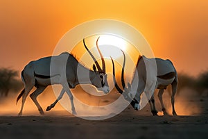 Two Oryx fighting in the desert at susnset. Amazing African Wildlife. Generative Ai photo