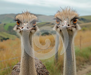 Two ostriches look at the camera