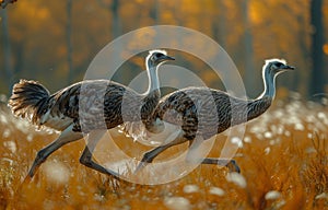 Two ostriches running in the grass