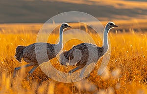 Two ostriches running in the grass.