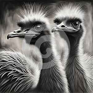 two ostriches staring directly into the camera lens, in this painting by david