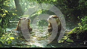 Two Otters Enjoying a Day in the Creek