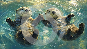 Two Otters Holding Paws in Blue Water