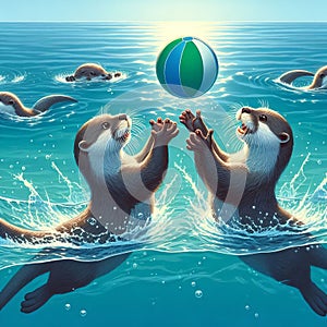 Two otters playing catch with a ball