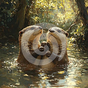 Two Otters Playing in a River