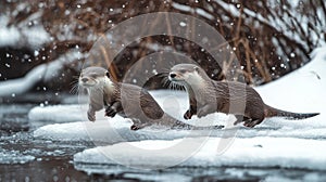 Two Otters Playing in Snow and Water