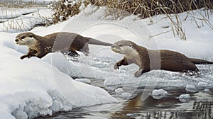 Two Otters Playing in a Snowy Stream