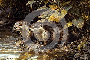 Two Otters Playing in a Stream