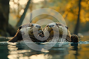 Two Otters Relaxing In Water