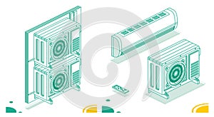 Two Outdoor Units of Air Conditioner. Isometric Outline Concept. Outdoor Unit with Indoor and Remote Controller