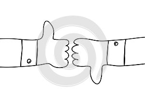 Two outline cartoon hands showing thumb up and thumb down. Positive and negative feedback good bad gestures like unlike