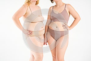 Two overweight women with cellulitis, fat flabby bellies, legs, hands, hips and buttocks on gray background, obese female body, photo