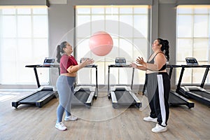 Two overweight women exercise workout in gym. Plus size woman training with fitball. Weight loss workout, healthy lifestyle