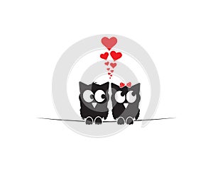 Two owls silhouettes on wire in love, vector. Birds on wire. Wall decals, wall artwork. Minimalist poster design