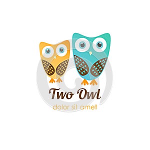 Two owl logos in flat style. Vector logotype for shop, entertaiment, education company, school, kindergarden, library and other