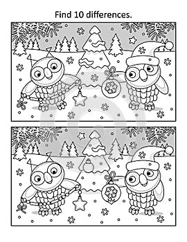 Two owls decorate christmas tree. Find 10 differences picture puzzle and coloring page. Black and white. photo