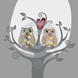 Two owls and love tree