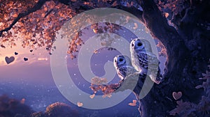 Two Owls Perched on a Tree at Twilight