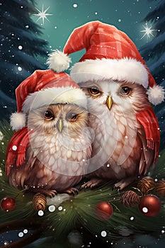 Two owls in Santa Claus hats on the background of a Christmas tree.