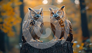 Two owls are sitting on a log in a forest