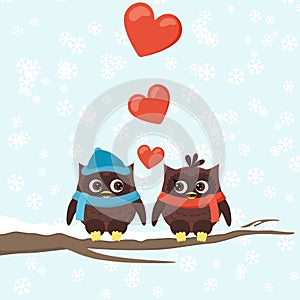 Two owls on tree branches with hearts