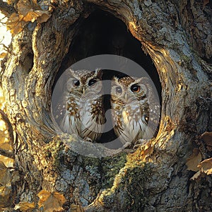 Two Owls in a Tree Hollow