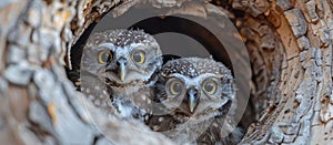 Two Owls in Tree Hollow
