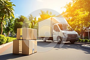 Two packages sitting on the ground next to a delivery truck. Courier service ensure that recipients receive their packages and