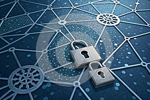 Two Padlocks Secure Network Data on Abstract Blue Grid