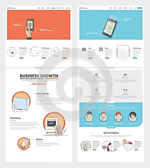 Two page Website design template with concept icons and avatars for business company portfolio