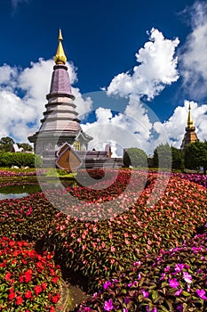 Two pagodas and flower gardens at Doi Inthanon mountain