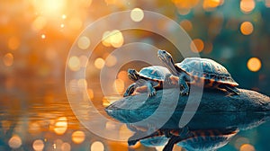 Two Painted Turtles Bask on Rock at Sunset