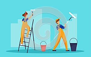 Two painters painting wall. One worker is standing on ladder. Repair and interior renovation service vector concept.