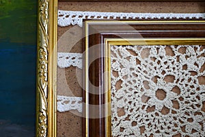 Two paintings crocheted with white threads in vintage wooden frames