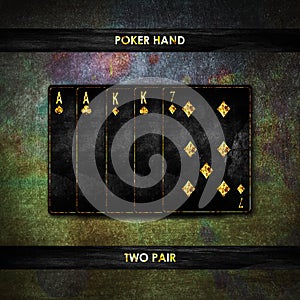 Two Paire, on a vintage, grunge, dark green poker background. Poker combinations. Poker Hands. Gambling photo